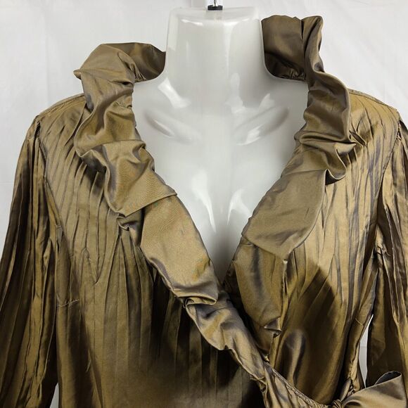Sunny Leigh Blouse Women 4 Bronze Accordion Ruffle Wrap Flare Cuffs Formal Top - Picture 3 of 12